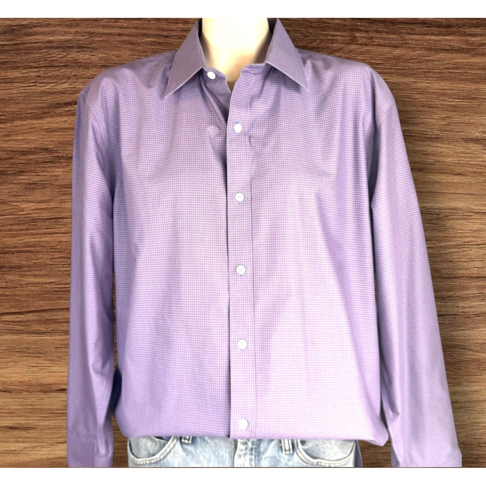 Bonobos Standard Fit Button Up Shirt Purple Check Wrinkle Free Cotton Mens 17/34